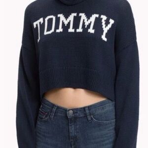 Tommy Jeans Logo Turtleneck Sweater Slouchy Navy Blue Urban Crop S/M READ GUC